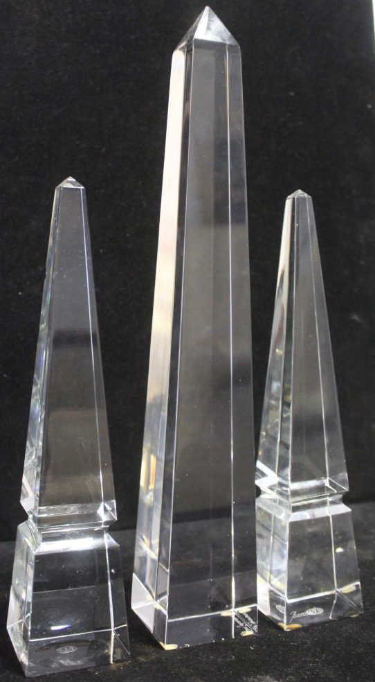 Baccarat and Orrefors Obelisks & Prism: Smaller two marked for Bacarat. Larger marked Orrefors. Tallest measures 14 inches.