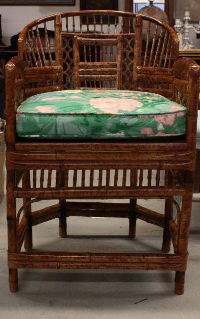 Antique Bamboo & Lacquer Arm Chair: Chair arms curved. Pristine conditon. Caned seat. Includes upholstered seat cushion. Height 34.5 inches. Width 21.5 inches. Depth 17.5 inches.