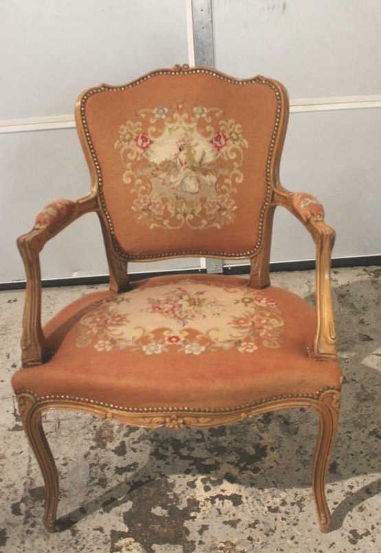 Antique French Carved & Needlepoint Side Chair: Height 34.5 inches. Width 25 inches. Depth 21 inches.
