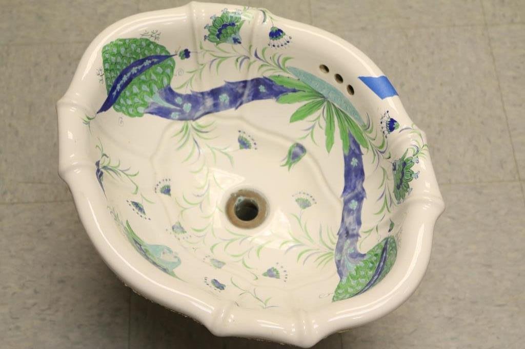 Sherle Wagner Hand Painted Sink: Made in Italy. Painted Blue & Green. Measures 15 inches in depth. Width 19 inches. Height 13 inches.