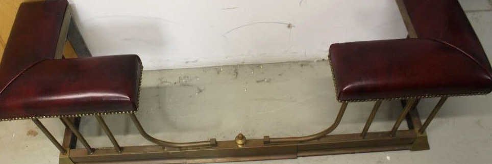 Antique Brass & Leather Studded Fireplace Fender: Height 18inches. Width 55 inches. Depth 17.5 inches.