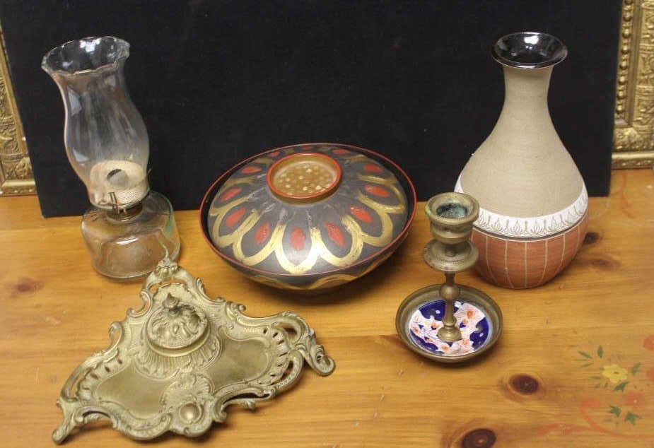 Assorted Antique & Vintage Table Articles: Includes oil lamp. brass inkwell, Candle holder, Art pottery vase signed 1984, Laquer bowls and compote.
