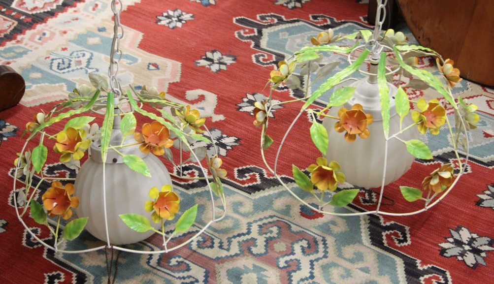 Pair Mid Century Tole Metal Hanging Fixtures: Height 12 inches. Diameter 17 inches.