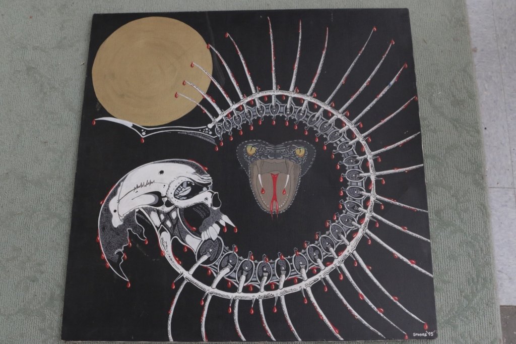 STOKES. Surrealist Skull and Snake Oil on Canvas: Signed Stokes '95 elements of gothic design. Dimensions 32 inches by 32 inches unframed.