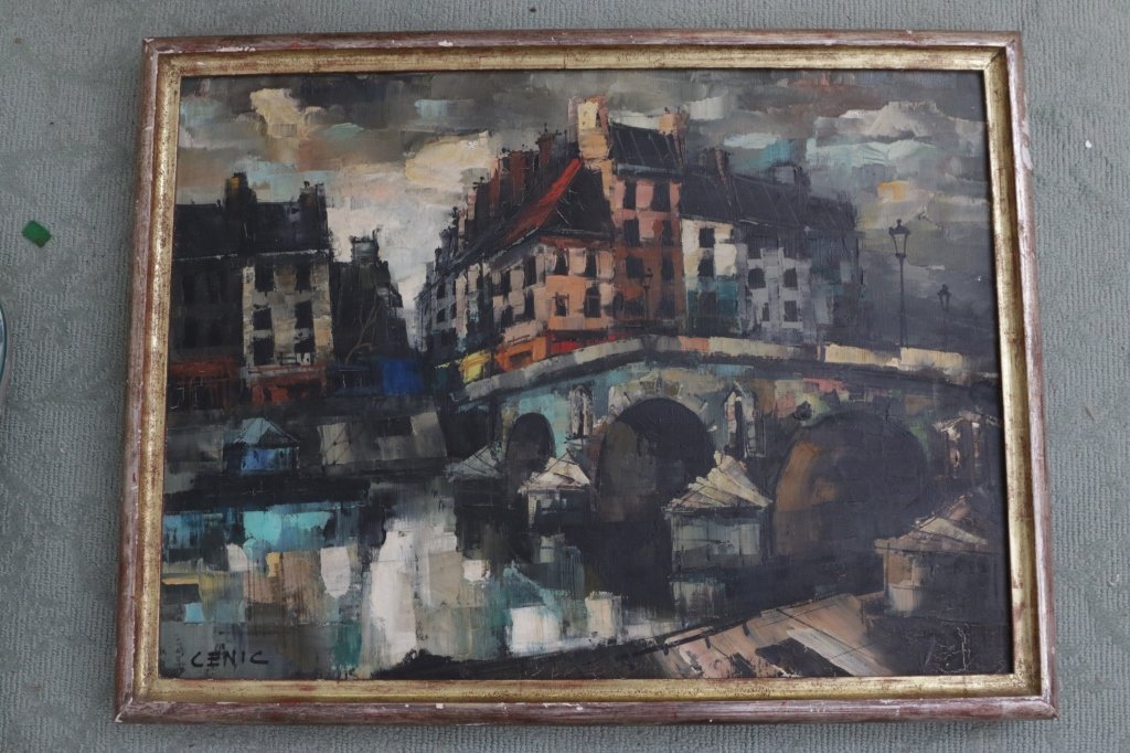 CENIC,Boris. Oil on Canvas Cubist Parisian Scene: Cubist style French Street Scape. Silver & gold leaf frame. Signed lower left. Painted on canvas. Measure 24 inches by 31 inches.
