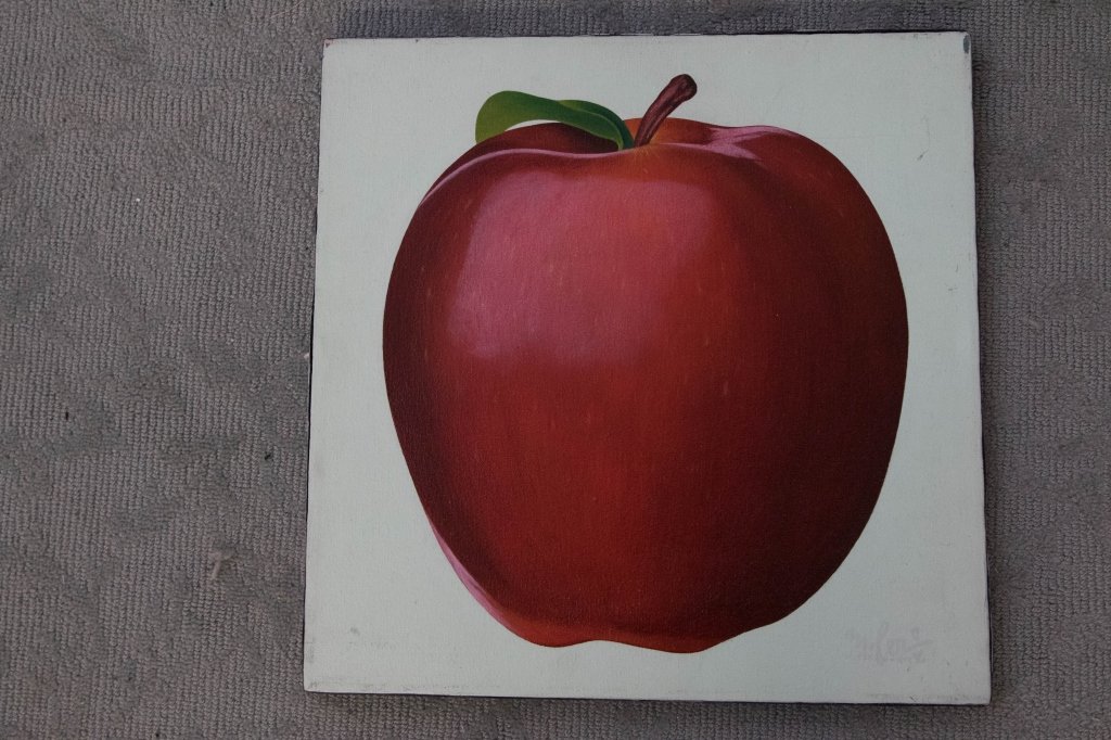 SERVIN, Manuel." Red Apple" Still Life: Acrylic on Canvas. Dated December '06. Signed and dated on lower right corner and on back. Measurements 18 inches by 18 inches. Mexican artist. Solo shows in Mexico City, Los Angeles, San Francisco