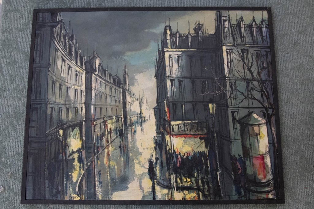 Rue Colaincourt Paris Street Scene Oil on Canvas: Signed illegibly. Mid century vintage abstract expressionist. Measures 24 inches 30 inches.