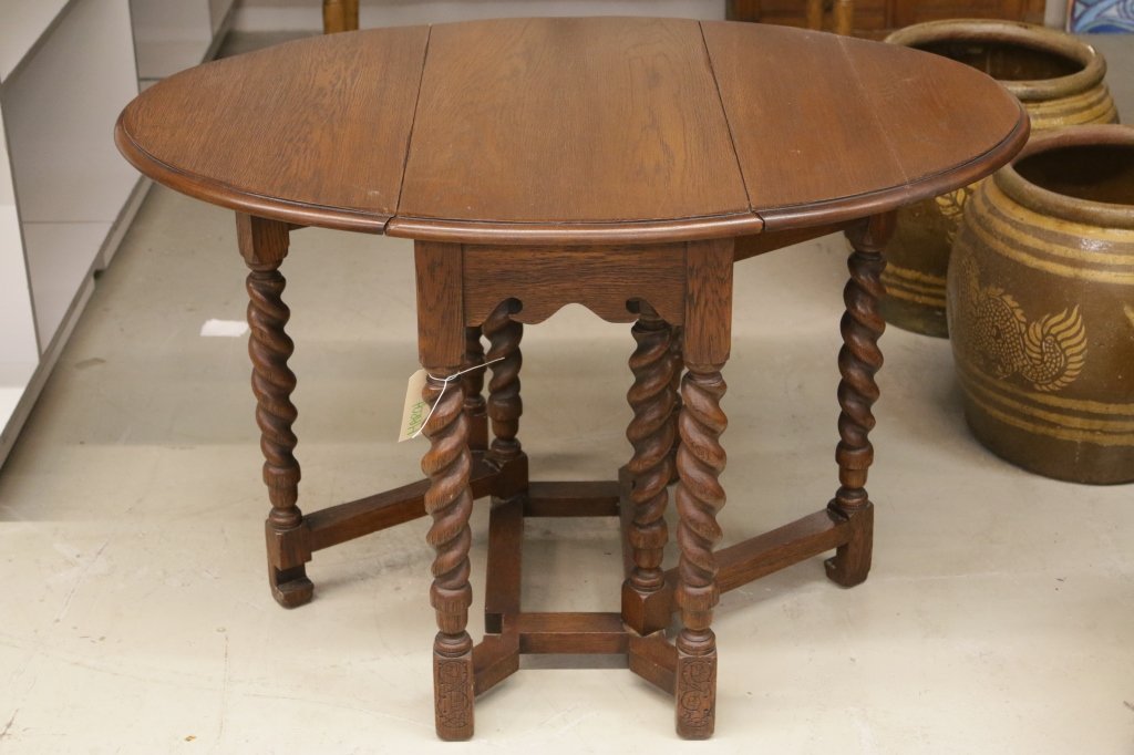 Antique Mahogany Barley Twist Gate Leg Table: Height 26 inches. Width 41 inches. Depth 30 inches.