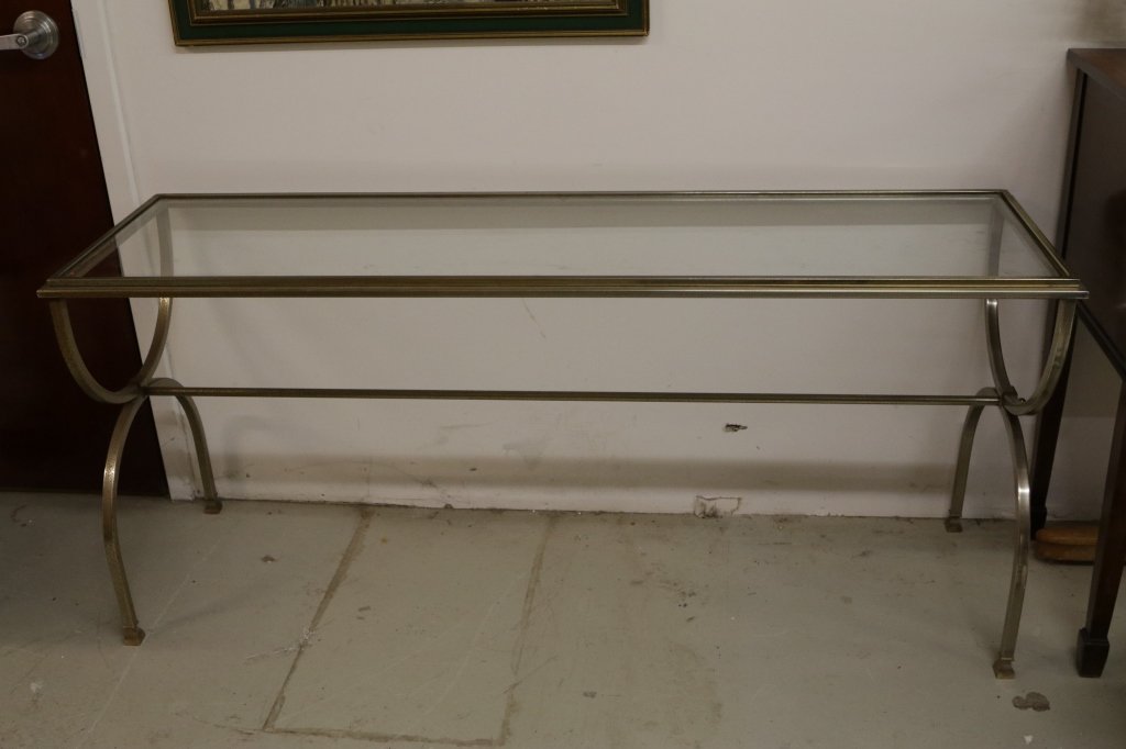 Glass, Aluminum & Brass Sofa Table: Mid century modern style. Measures: 26.5 x 60 x 19 inches