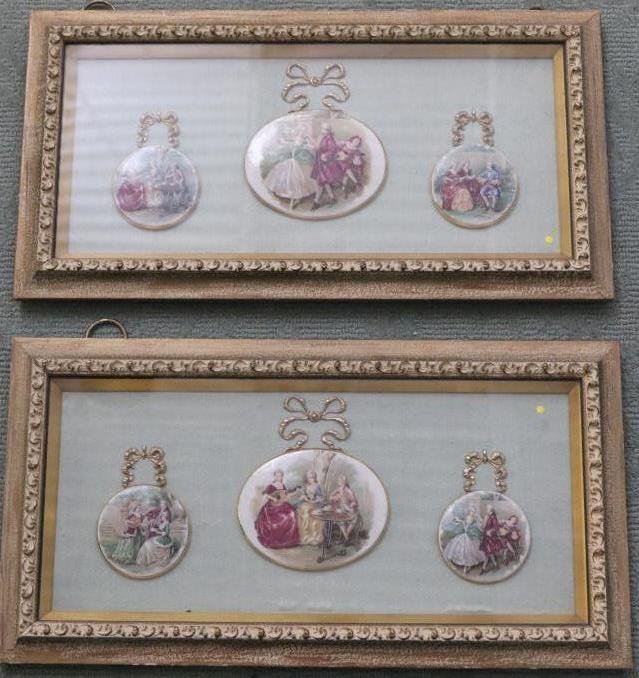 Pair Framed Victorian Porcelain & Gold Plaques: Displayed in gilt framed shadow box. Hand Enameled porcelain Victorian scene. Rim of each piece 24kt gold. Purchased at Sungott Art Studio. Measurements: height 11.5 x 21 inches.