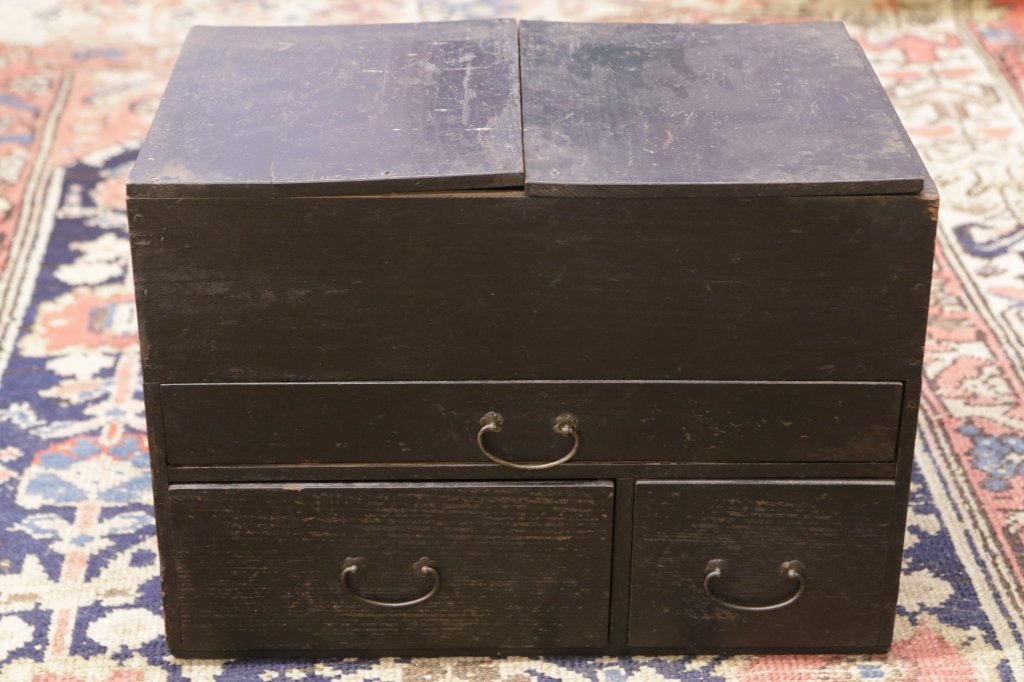 Antique Asian Sewing Box: Top opens up to storage. Three drawers. Original hardware Handmade. H:11" x W 16" x d 10". From the estate of Scarsdale, NY family that lived in Asia from 1940-1970's.