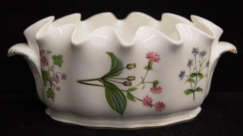 Minton Bone China Planter: Signed Minton. Made in England. Serial number 0A2107 floral and gilded hand painted. Length: 12 " x Height: 5" Width: 8 inches
