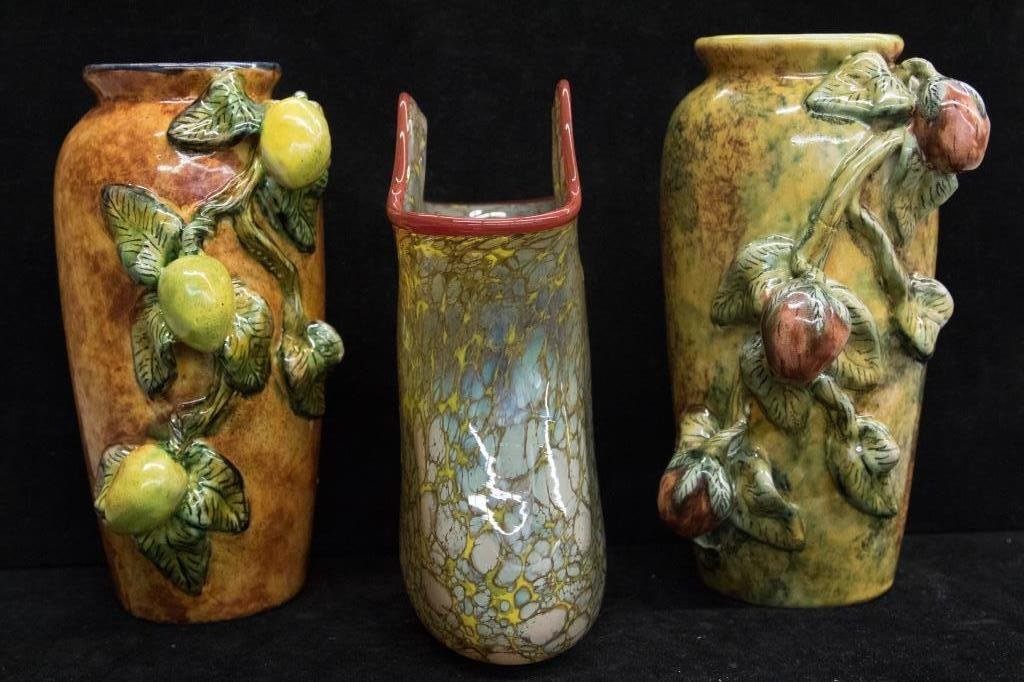 Carpathian Stamped Art Glass & 2 Pottery Vases: Gold and yellow toned art glass pocketbook vase. Handmade in Poland. Gold, green and raspberry speckled pottery vase with strawberry vined application. Second Vase has lemon applique. Pottery 10 inche