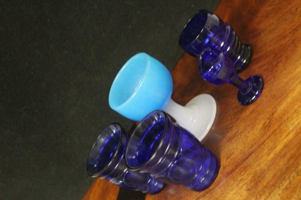 Assorted Blue Depression Glass & Apertif: Height of tallest 3.5 inches.