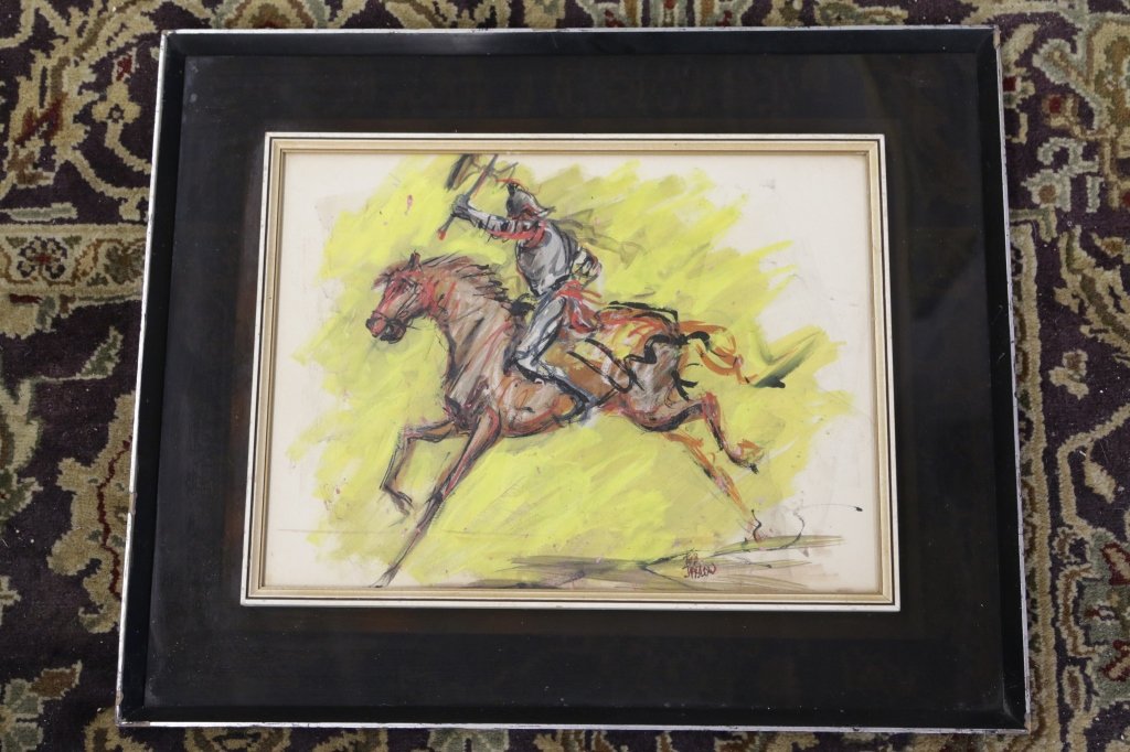 JASLOW, Ted. Vintage Ink Watercolor & Gauche: Oil on Paper. Knight on horse back. Mid century .Glass Frame Measures 19 inches by 23 inches. Signed lower right. Known artist. Originally purchased at William Jenack Gallery.