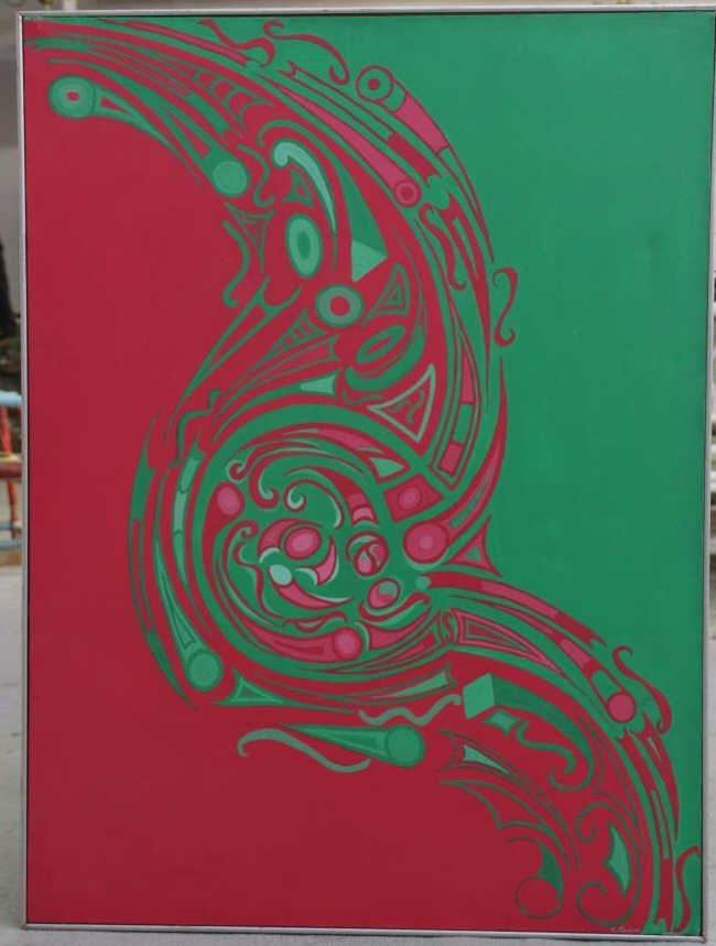 KUDISH, Ester. Retro Pop Art Painting: Acrylic on canvas. Psychedelic pop art. Dated 1971 on verso. Signed on verso. Provenance of artist on verso. Measures 50 inches by 36 inches.