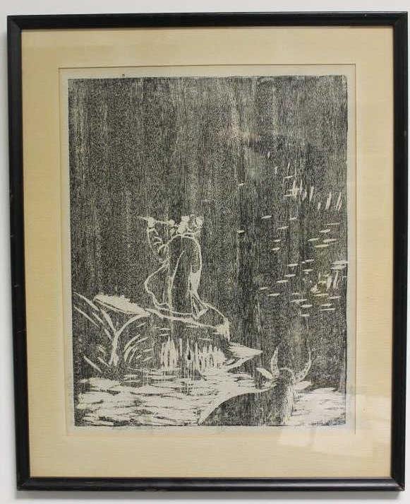 YAN, W.S. Wood Block Print: Block with black frame. Signed and dated. Measures 27 inches by 22 inches.