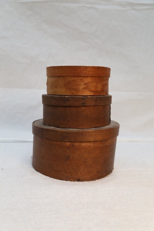 Group of three Shaker Style Decorative Boxes: Group of three of dry measure round wood pantry shaker style boxes. sizes: 9”; 7 1/2”;6 1/2”