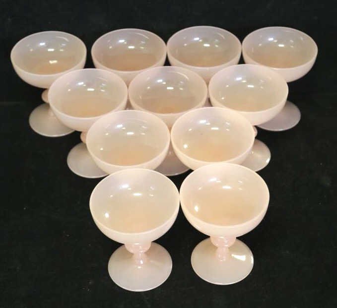 11 Pink Vintage Opaline Sorbet Champagne Goblets: Mamie Eisenhower Pink. Height 4.5 inches. Diameter 4 inches.