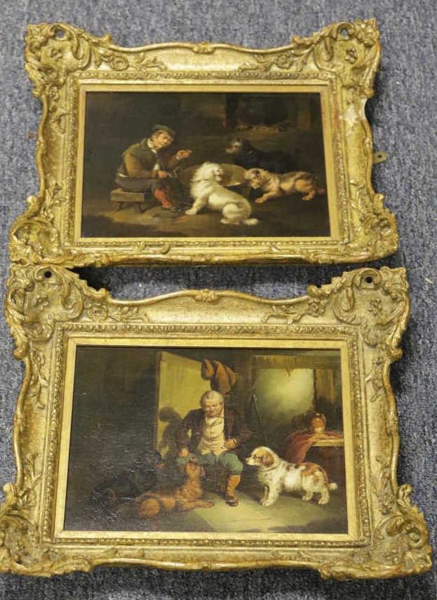PAUL JONES, Eng c 1856 Antique Oil painting: British Artist Oil on Canvas Titled, "Three Terriers in a Cottage". Signed and dated 1856. ornate gilded antique frame. Signed lower left. Well known and listed Hunting and Sporting dog artist. Measur