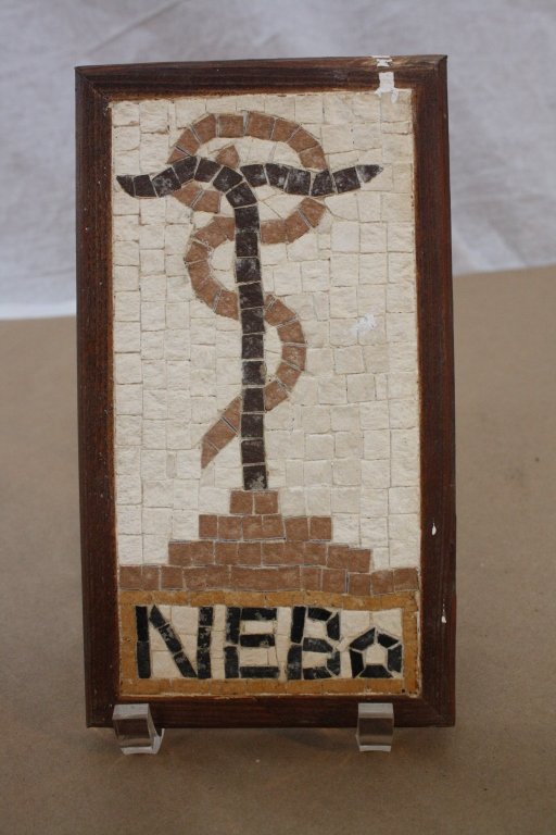 NEBO - middle eastern mosaic copy of statue: Mosaic copy of Statue of Nebo erected in Calah, Syriah, and now in the British Museum. Hand made mosaic mounted on board,framed in oak. Measures H 9" x 5"