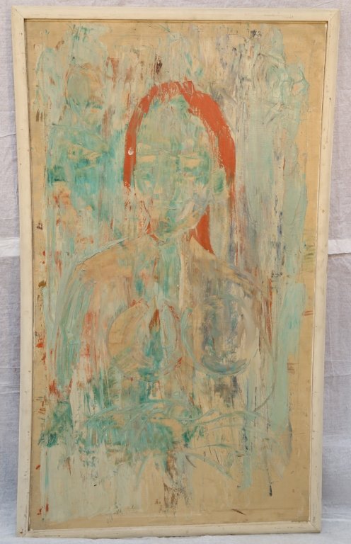UNSIGNED acrylic on canvas: Early Expressionistic abstract nude on canvas. Canvas attached to frame with hand forged nails and re enforced with staples. loosely layered and textured piece. painted frame. Measures H 50" x 30".