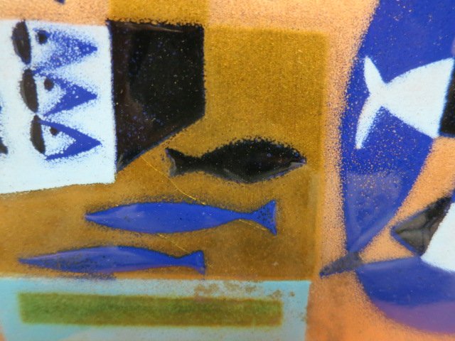 Unsigned enamel on copper: Matisse like figures at fish market. Enamel on copper, mounted, matted and framed. Measures H 20"x 19"