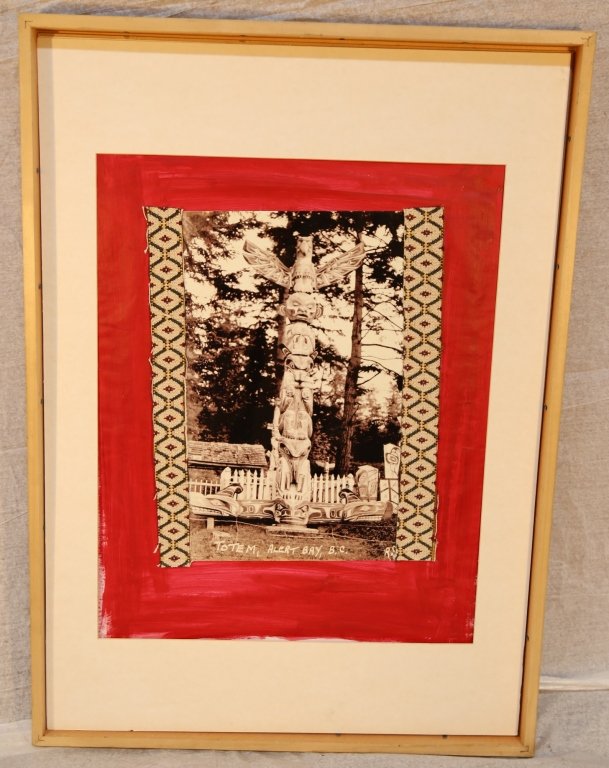 Photo "TOTEM, ALBERT BAY, B.C.": Signed "RS." Mixed media collage. H 28" x 20"