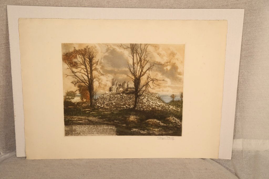 10 GEORGES PLASSE signed WWI scene etchings: 10 signed etchings all the same image, WW I . Description on back. Each measures 26 "w x 19"H