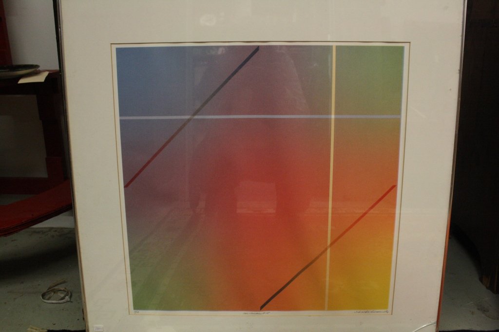 SEt 3 JOHN WHITE HILL WARD, signed dated: All Signed and numbered Lithographs, AP. 10/18. John White Hill Ward, signed 5/79. Modern contemporary abstract painting airbrush style. Geometric kinetic, oranges, purples, and blues. . Each measures