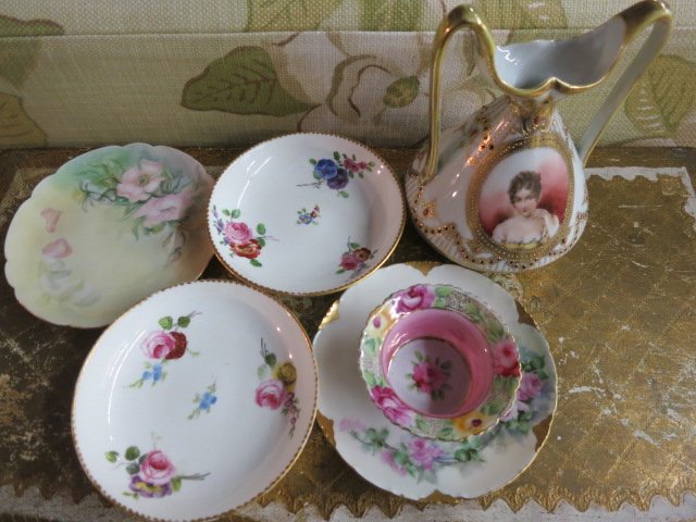 Six Antique Porcelain Articles: Hand painted and gold leafed Nippon vase with double handles. H 63/4" x 5.5", other marked for Bavaria, Haviland France, and trademarks