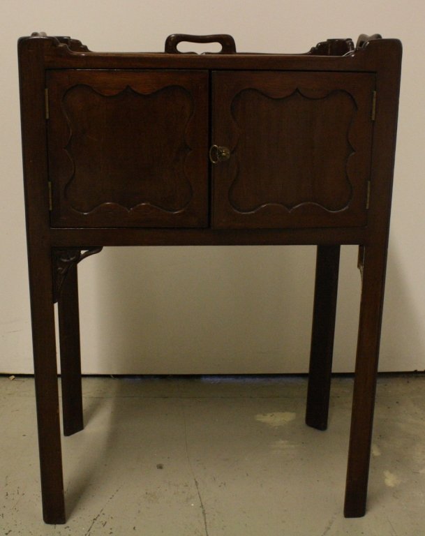 English Mahogany Night Table: Scalloped handled edges. Pie crust motif around doors. Height 30 inches. Width 20.5 inches. 13 " Labeled on inside "Mill on the Soar Antiques", Leicester shire, and more...From a Ridgefield, CT estate