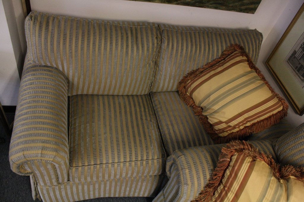 CENTURY loveseat w/ striped fabric: L T Designs Collection. 68"W x 36"D x 36"H; seat = 19"H.