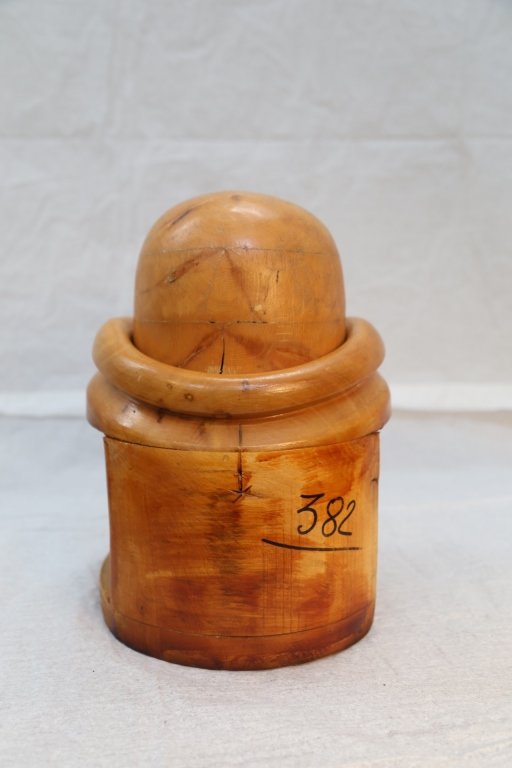 Early wooden old hat mold w/stand and inserts: Functional and a piece of hand crafted folk art. Measures Top form in flapper style hat or with rim for bowler hat has signed 23 HS Crown Fitting inside the mold with removable lid are two additional