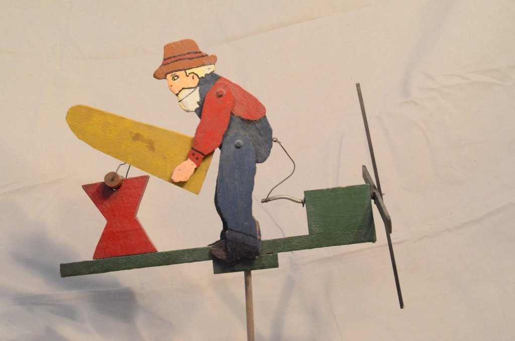 Folk Art Whirligig of Man Sawing Wood: Folk Art Whirligig of Man Sawing Wood