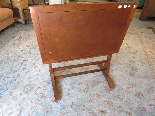 Metal Hinged wood Drafting table: Industrial Modern Design with heavy wood top opens along wide open form iron semicircular hinge. Architectural style. Measures 44 inches by 39 inches.