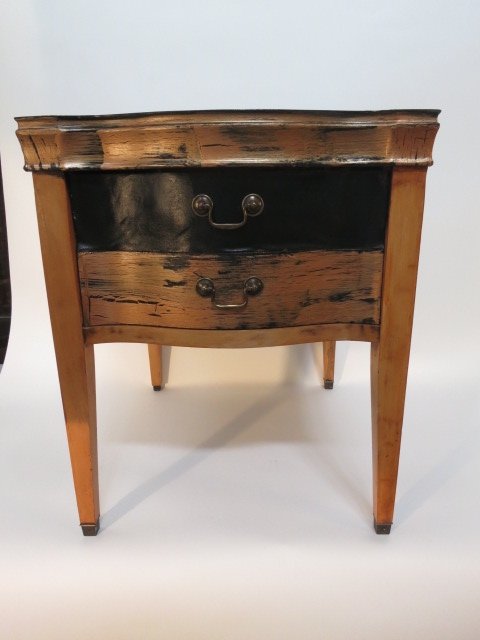 Hand painted and stenciled end table: Re purposed from a vintage end table hand painted in a measures 20 inches by 24 inches by 24 inches. Serpentine front and back. Painted in a contemporary style of broad stroke of black and carmel -y b