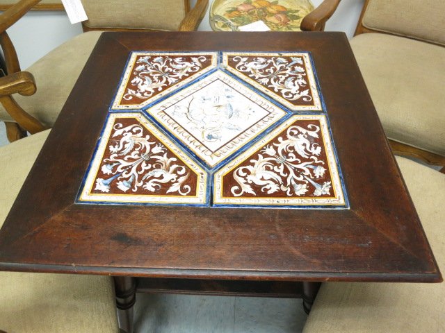 Antique Continental Mahogany Majolica table: Mahogany side table with second shelf circa late 19th early 20th century. Inlaid to surface is hand painted Italian Majolica tiles. Height 26.5 inches high. Surface measures 21.5 inches square. Brough