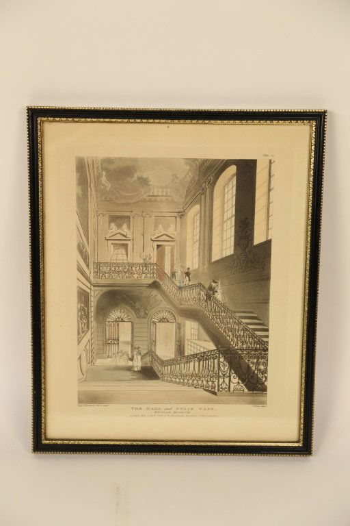 Seven Vintage Prints of Famous British Landmarks: Professionally framed black painted with gold beaded details. Includes the House of Commons, the British Museum, the Somerset House. Each measures 14 X 11.5 inches. From a Pelham Manor, NY Estate