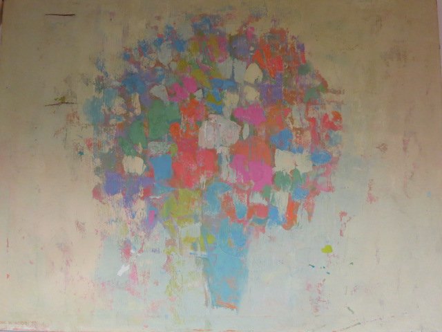 CITAK WOOD signed abstract oil: Oil on canvas mid century floral arrangement abstract cubist style. tear in canvas needs repair. Measures 30 inches by 40 inches.