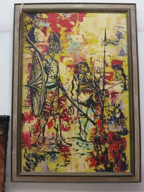 Mid Century oil man of la mancha: Don Quixote portrait with abstract background red yellow abstract cubist background. Strong black minimalist outlines for storied figures. Measures 40 inches by 29 inches