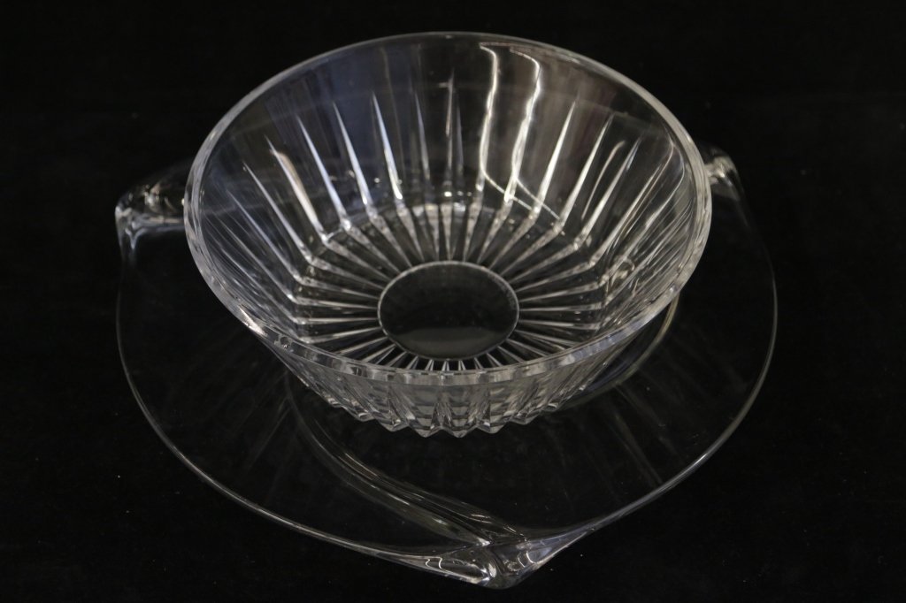 Val St Lambert Crystal Serving Pieces: One platter and serving bowl. Marked for Val St Lambert. Largest measures 12.5 diameter