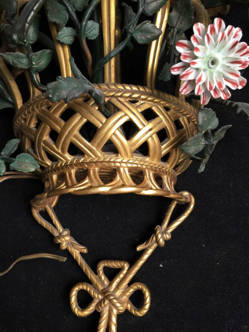 Pair Antique French Bronze Limoges Wall Scones: Elegant and Unique Pair of palatial sized French Antique gilded bronze and porcelain floral wall sconces. Ornate Hand sculpted French Limoges porcelain flowers decorate gilt baskets. Gilt baskets with