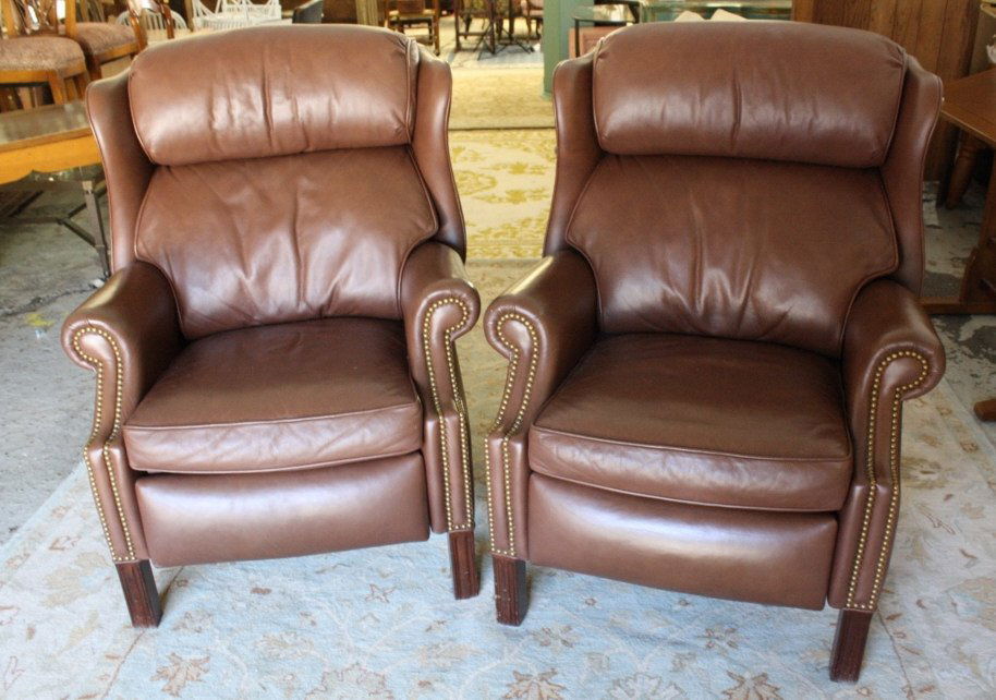 Pair HANCOCK & MOORE Brown Leather Recliner Chairs