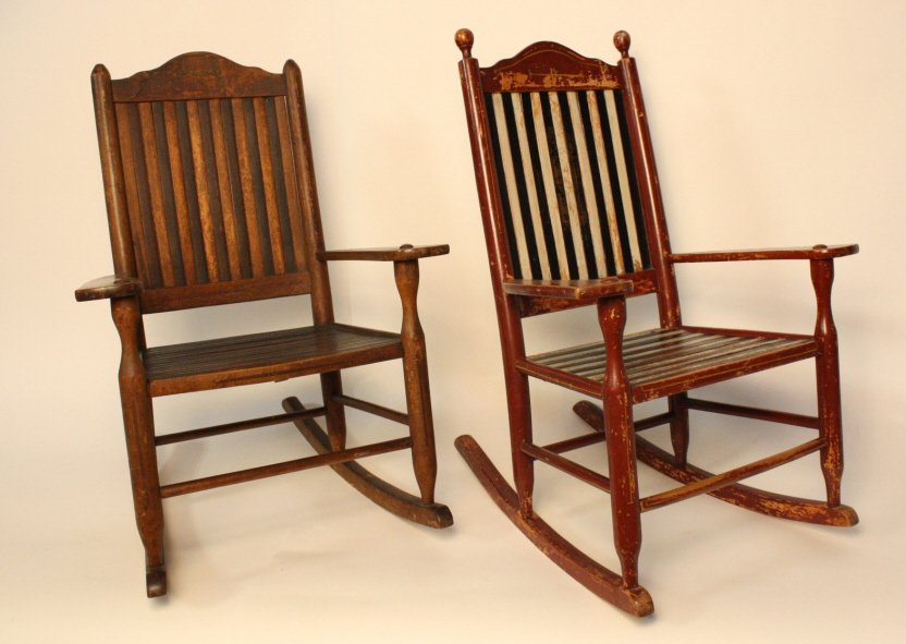 Pair antique painted children's rockers C. 1820: Pair antique children's rocking chairs, Circa 1820 with original terra cotta paint. Each measures 30 inches high by 18 inches wide. Professionally appraised and insured for $1204 Property of a Greenwi