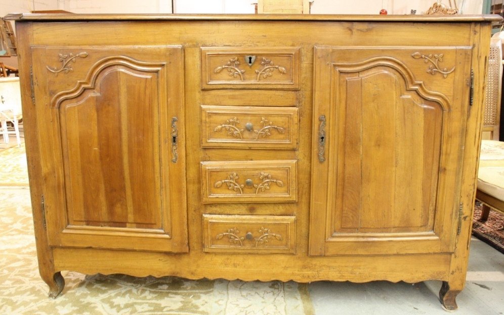 French Bureau Dresser circa 1930: Frenh Country carved two door Cabinet with beautiful patina. Louis XV style. Carvings include scalloped apron short cabriole legs bold contoured moldings and friezes. Aged patina creates beautiful lus