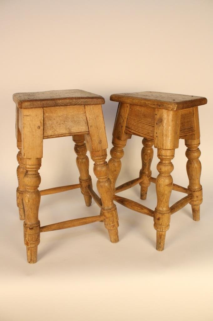 Pair Early French Antique Pine stools: Carved pair of Antique Country French Antique Pine stools. Cross banded with turned legs. .Each measures. Appraised and insured for $1337. Property of Greenwich Estate