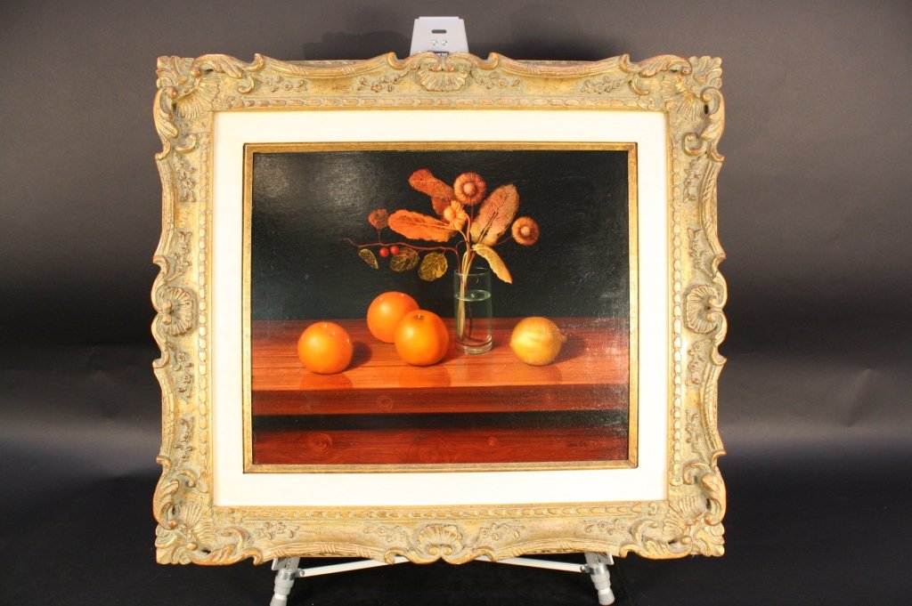 DOALE GILLIC Detailed Still Life Oil on wood: Large floral and fruit still life painting on wood in ornate gold frame. Signed lower right, Doale Gillic. Finely detailed, Bouquet, oranges and lemon on wooden table surface. Ornately carved and gilt