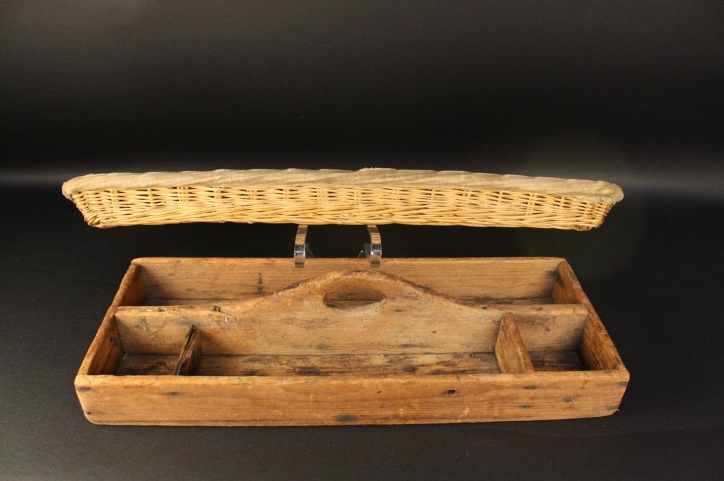 Antique Garden tool box vintage bread basket: Antique French Gardening tool box with compartments. Hand made and assembled French Country Antique and collectible. paired with Vintage French Baguette basket. Basket measures 32 inches. tool carry m