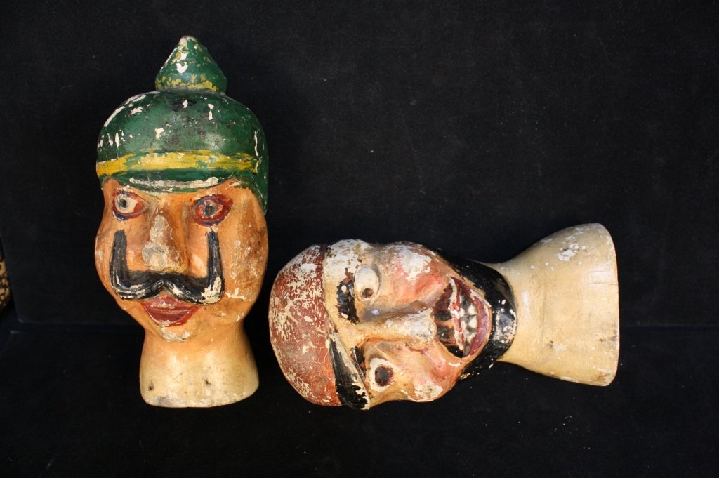 Pair Danish Antique Tivoli Gallery heads c. 1800's: Pair from Unique collection of 14 Danish Carnival heads. Each is hand carved and hand painted with different whimsical facial expressions. From mid 1800's Gallery game at the world famous Tivoli Garde